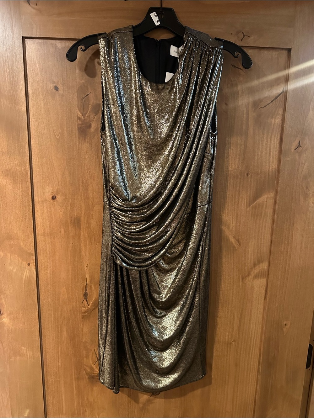 Halston Tiara Metallic Bronze One-Shoulder Draped Mini Dress - Picture 3 of 6
